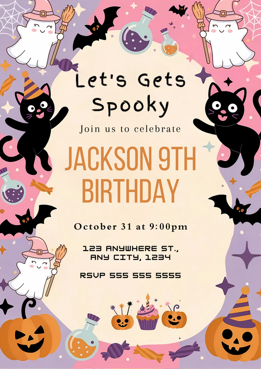 Cat Halloween Birthday Invitation - CreativeRino