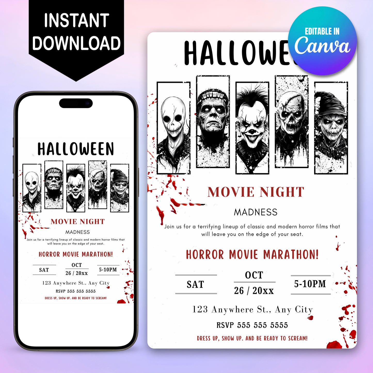 Editable Halloween Horror Movie Night Invitation Template - CreativeRino