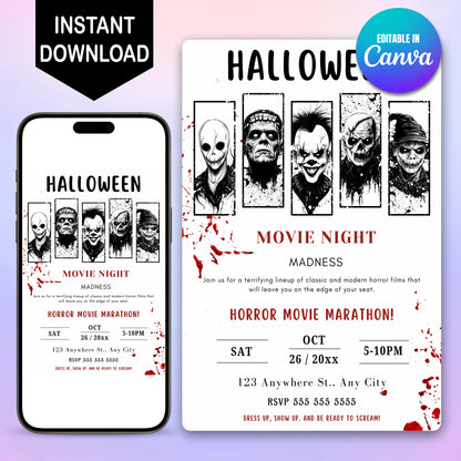 Editable Halloween Horror Movie Night Invitation Template - CreativeRino