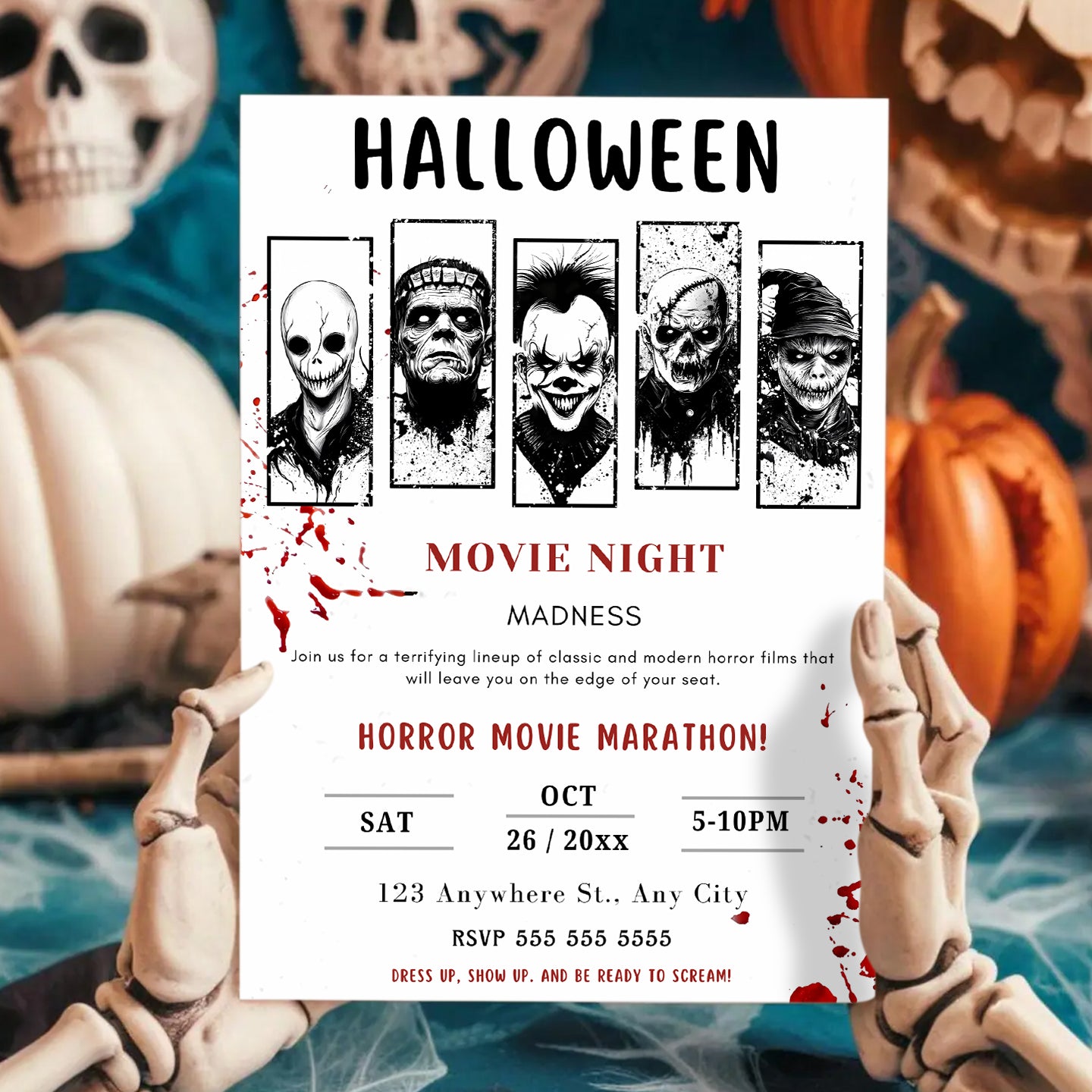 Editable Halloween Horror Movie Night Invitation Template - CreativeRino