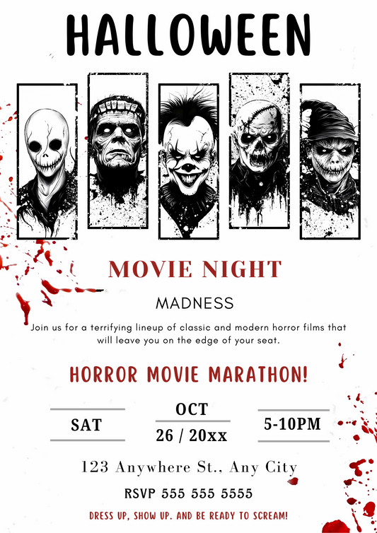 Editable Halloween Horror Movie Night Invitation Template - CreativeRino