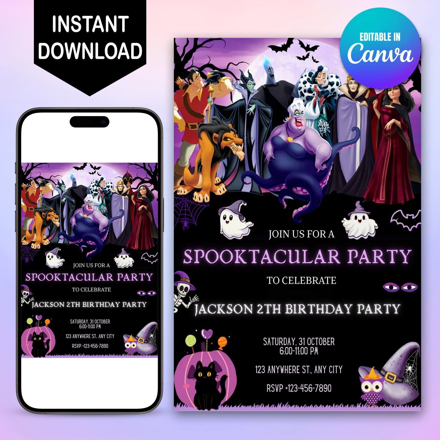 Spooky Disney Villains Halloween Birthday Invite Template - CreativeRino