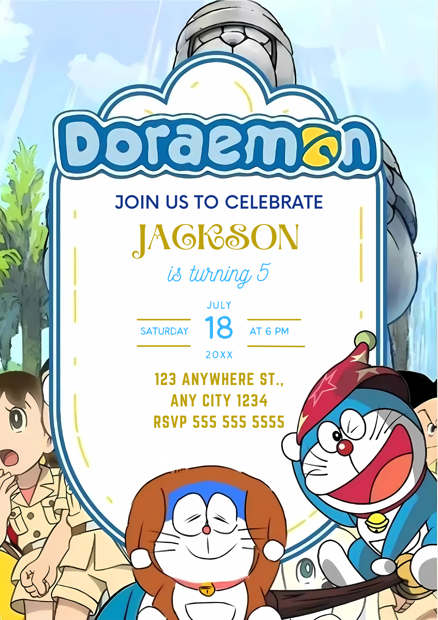 Editable Doraemon Birthday Invitation - CreativeRino