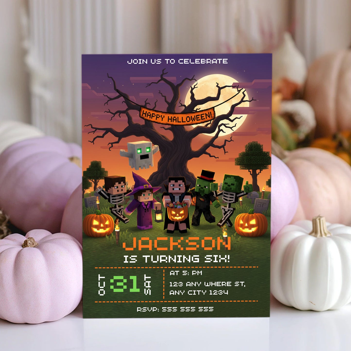 Minecrafter Halloween Birthday Party Invitation - CreativeRino