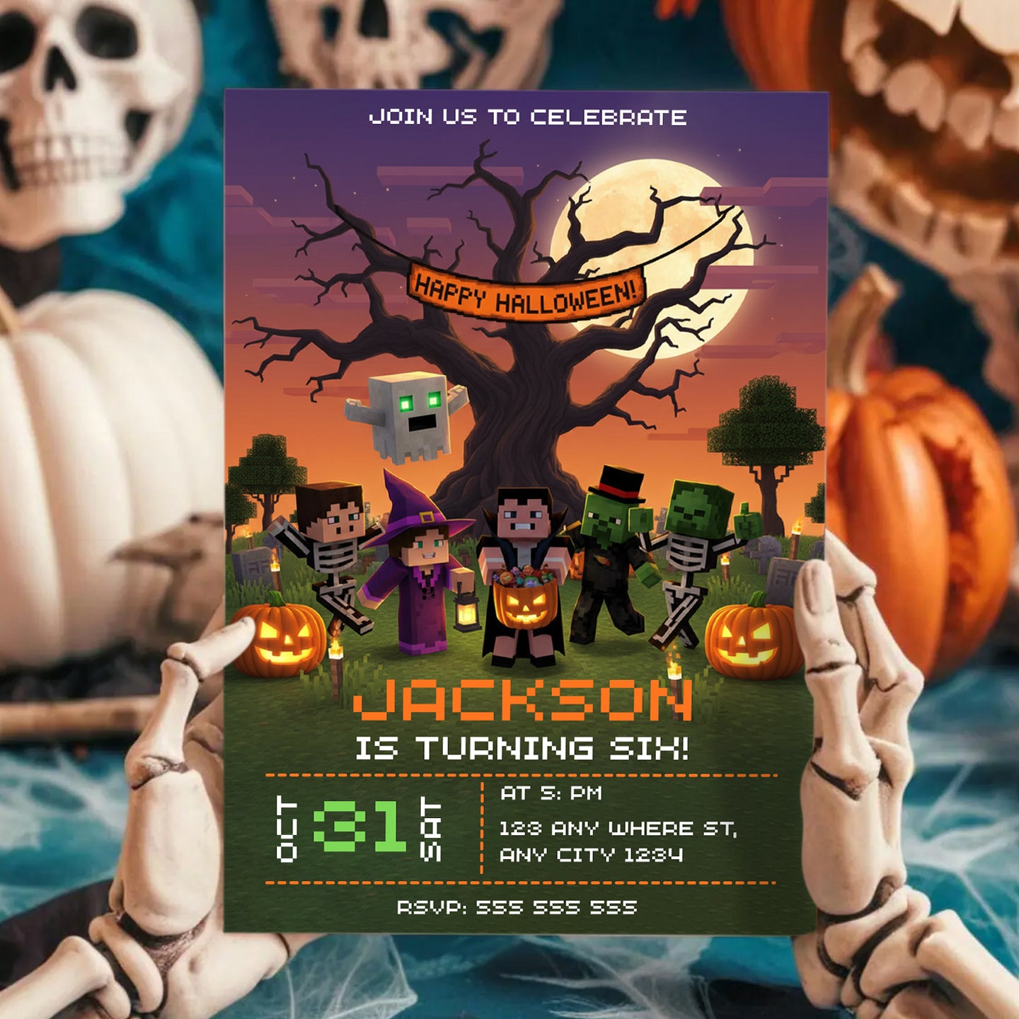 Minecrafter Halloween Birthday Party Invitation - CreativeRino