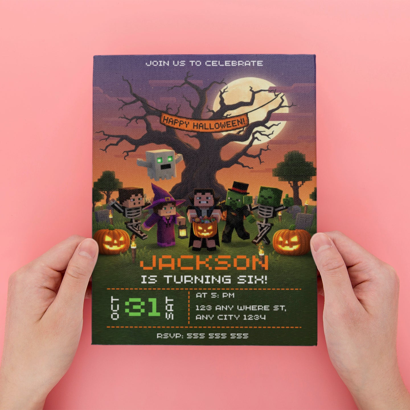 Minecrafter Halloween Birthday Party Invitation - CreativeRino
