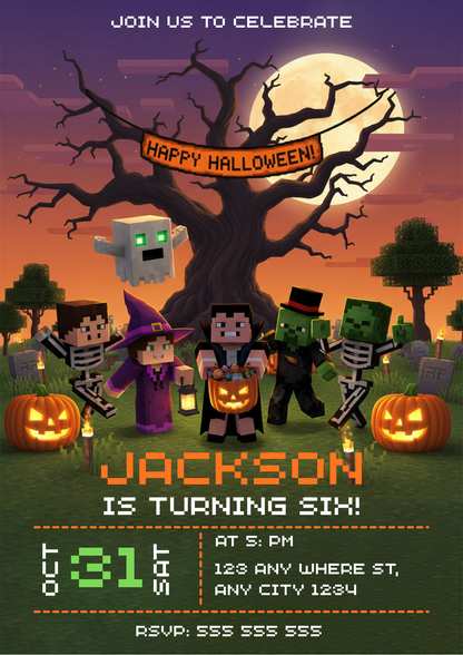 Minecrafter Halloween Birthday Party Invitation - CreativeRino