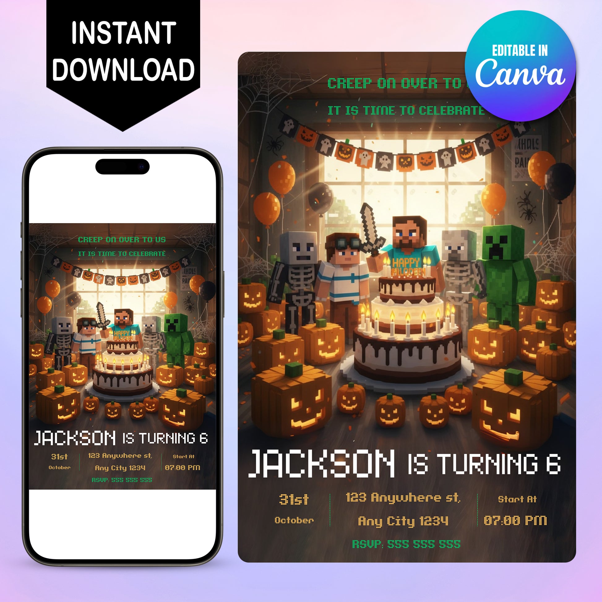 Editable Minecrafter Halloween Birthday Invitation - CreativeRino