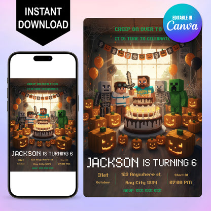 Editable Minecrafter Halloween Birthday Invitation - CreativeRino
