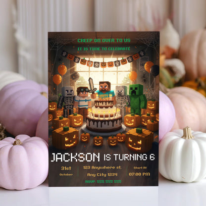 Editable Minecrafter Halloween Birthday Invitation - CreativeRino