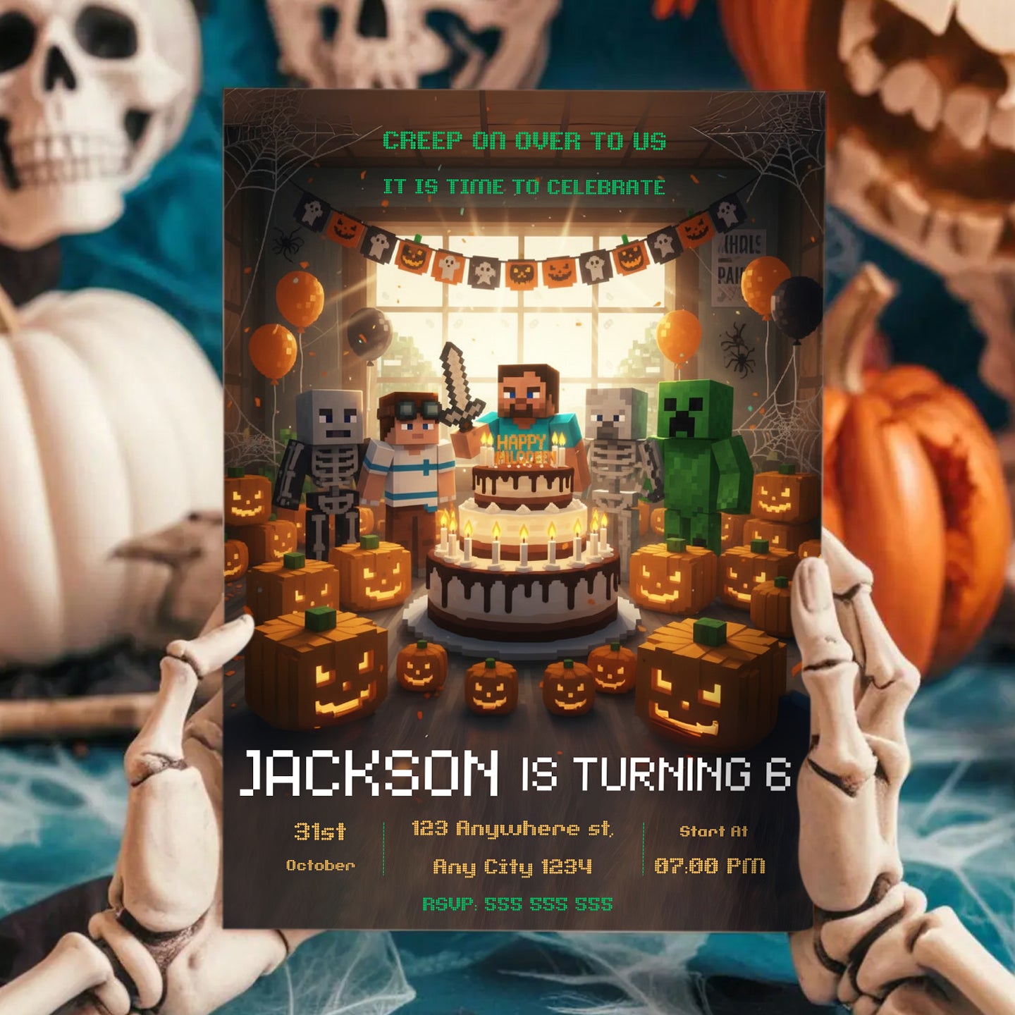 Editable Minecrafter Halloween Birthday Invitation - CreativeRino