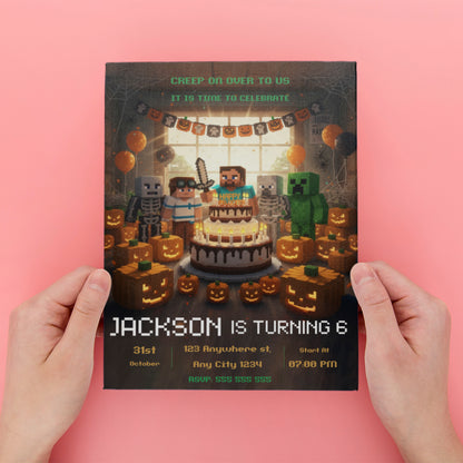 Editable Minecrafter Halloween Birthday Invitation - CreativeRino