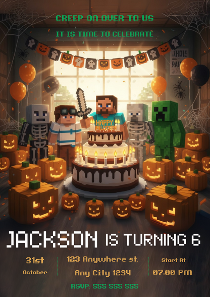 Editable Minecrafter Halloween Birthday Invitation - CreativeRino