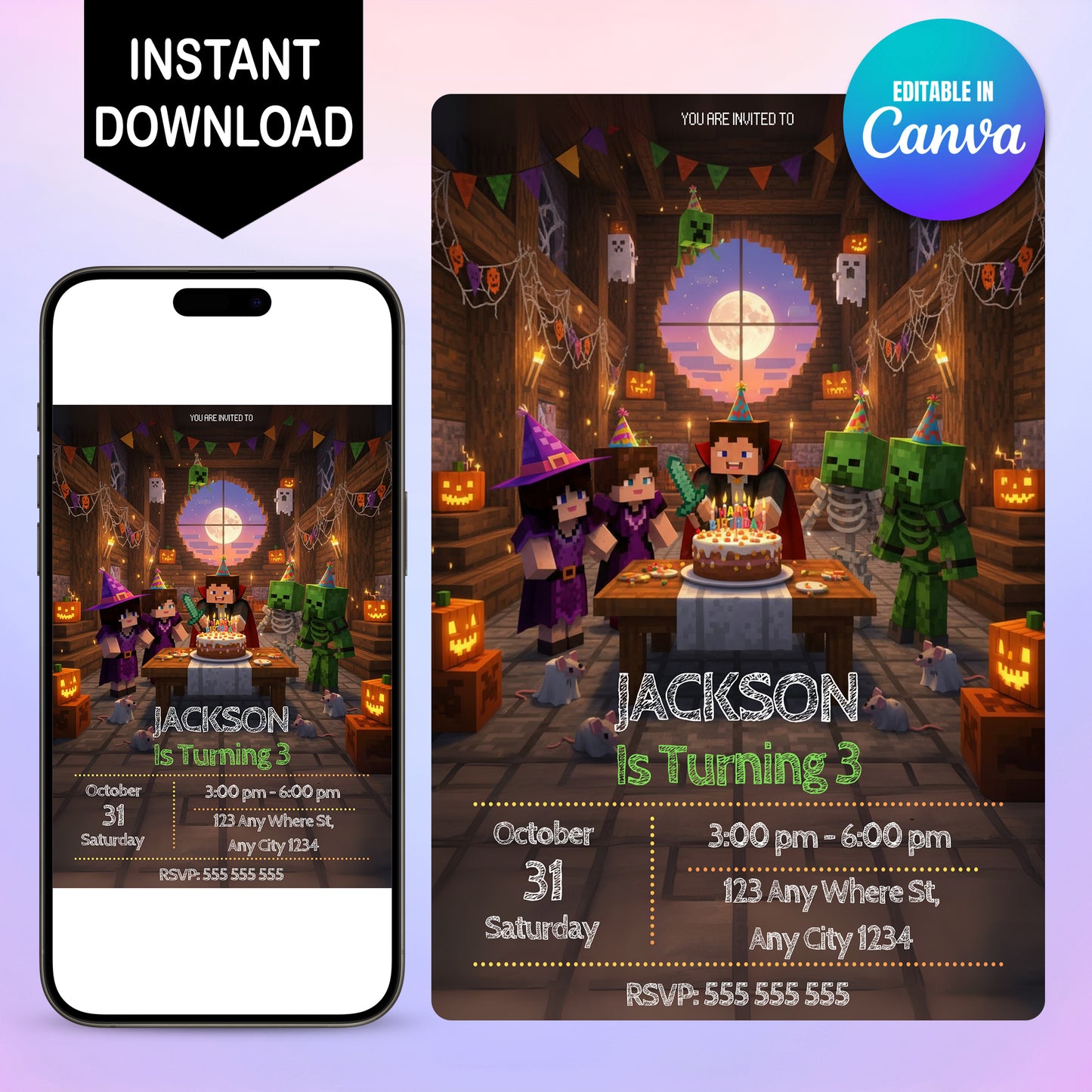 Minecrafter Halloween Birthday Invitation - CreativeRino