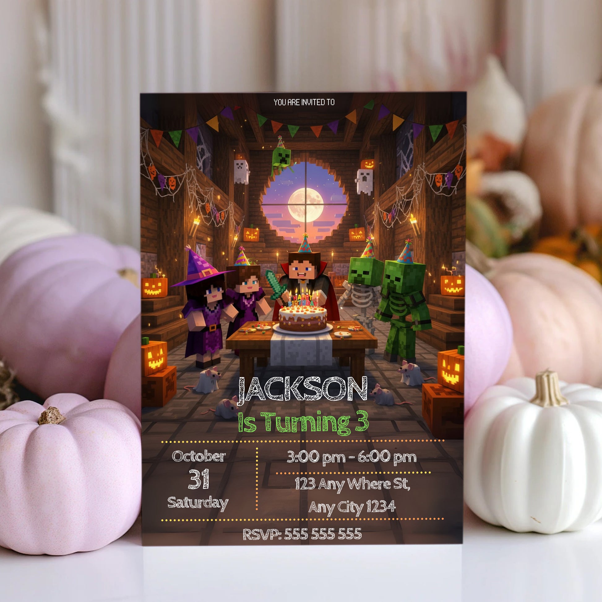 Minecrafter Halloween Birthday Invitation - CreativeRino