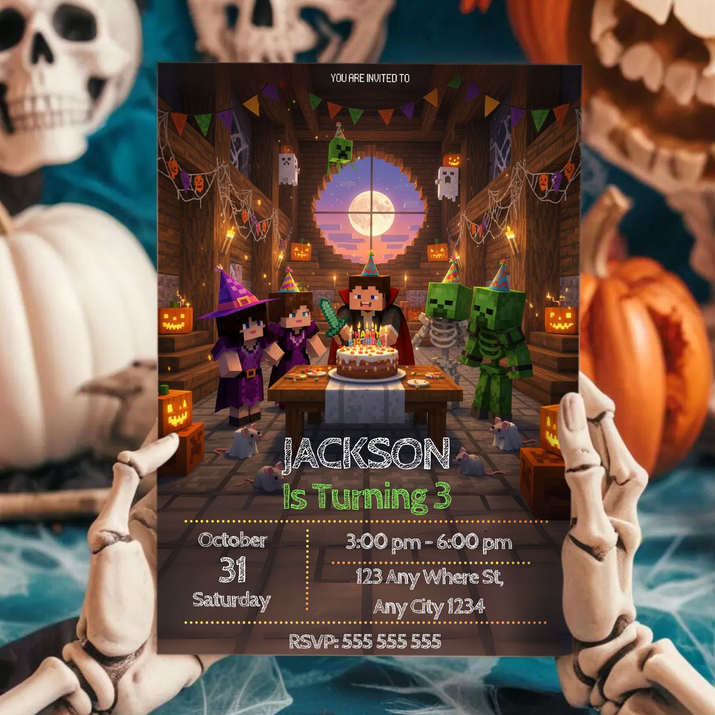 Minecrafter Halloween Birthday Invitation - CreativeRino