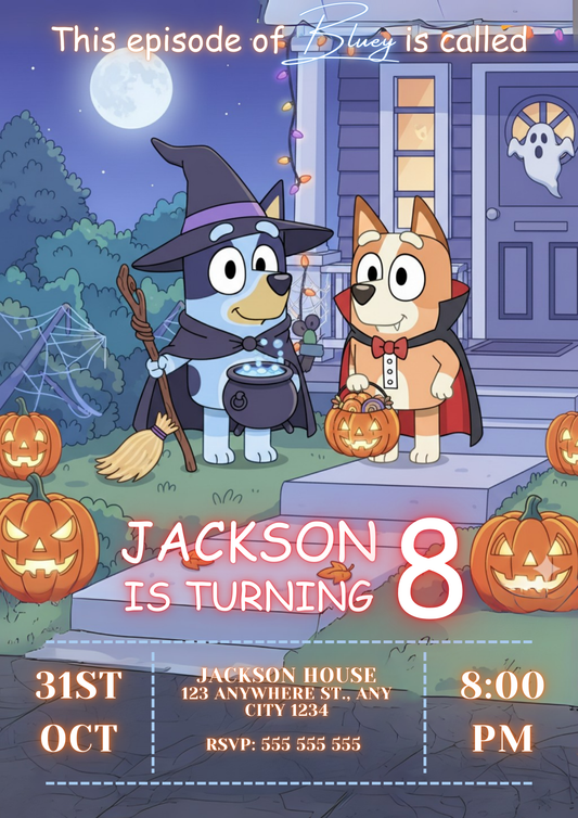 Bluey and Bingo Halloween Birthday Invitation - CreativeRino