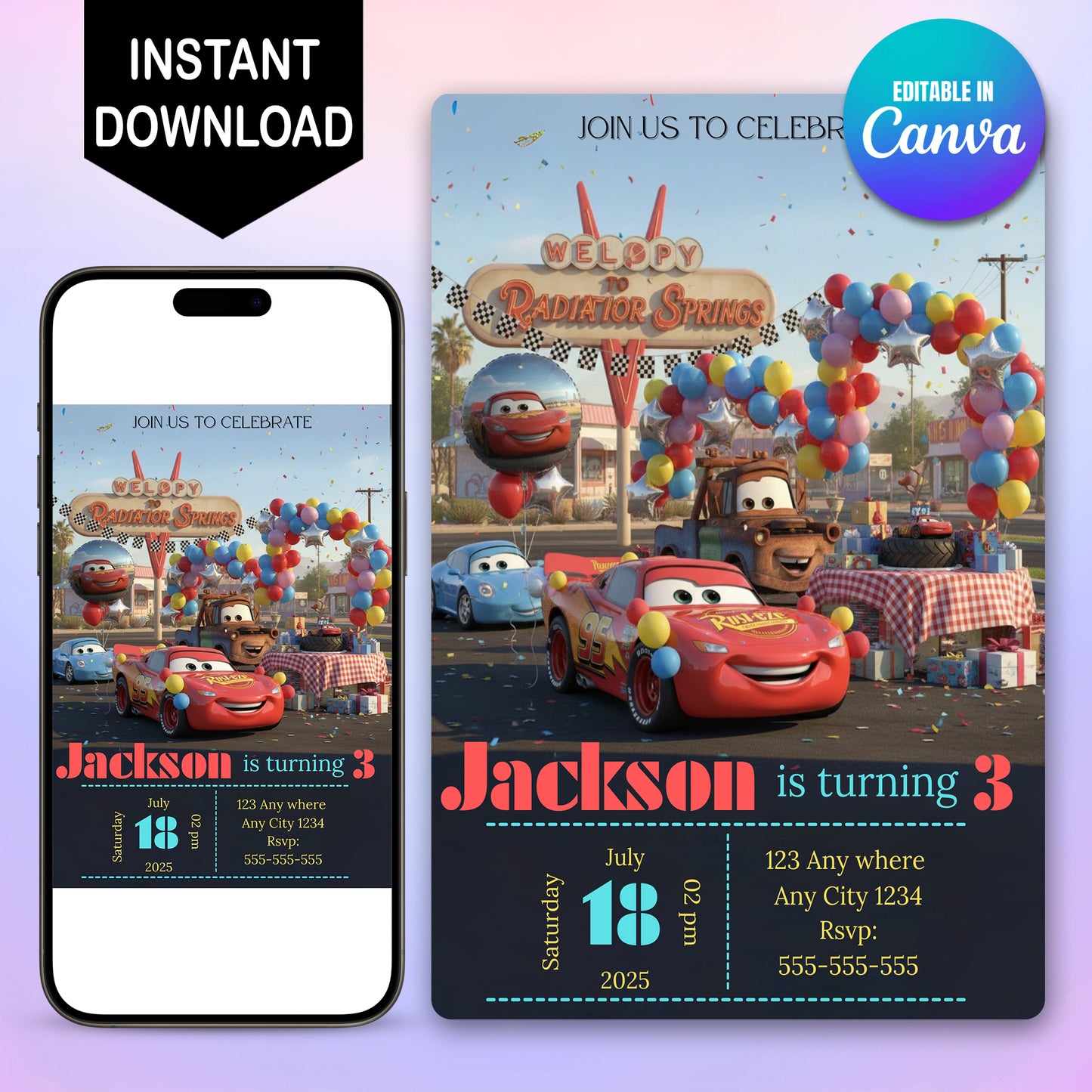 Balloon Race in Radiator Springs Birthday Invitation - CreativeRino