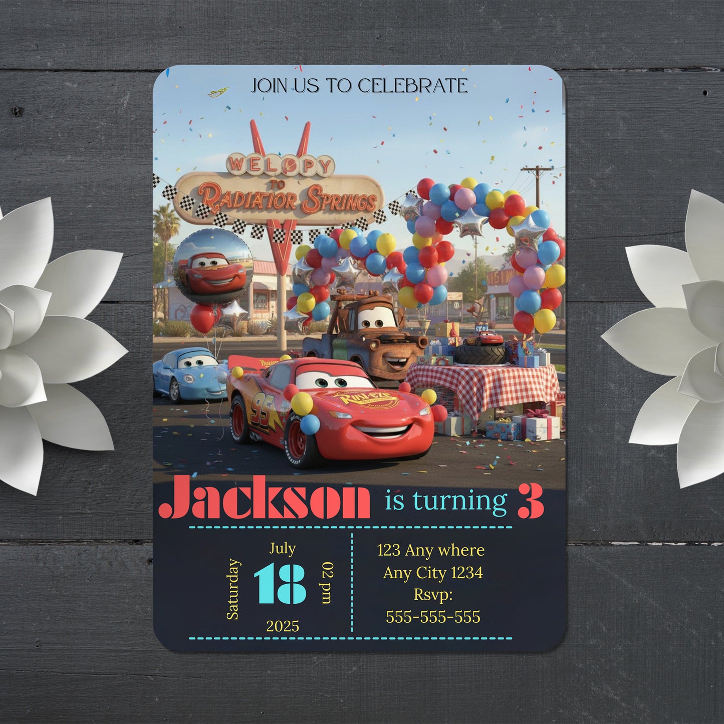 Balloon Race in Radiator Springs Birthday Invitation - CreativeRino