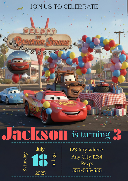 Balloon Race in Radiator Springs Birthday Invitation - CreativeRino