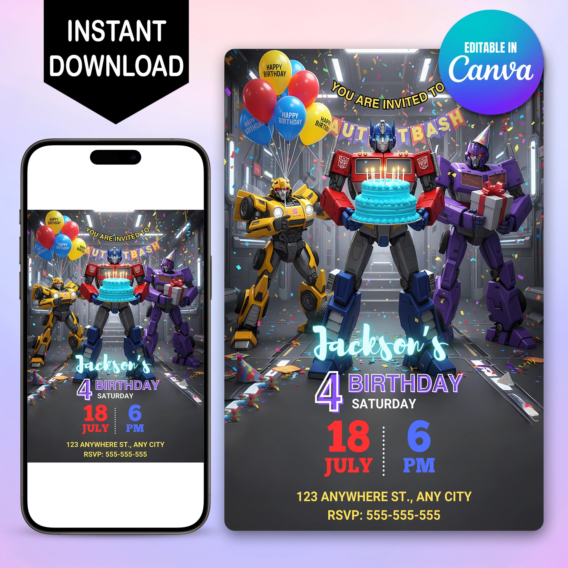Editable Transformers Birthday Invitation - CreativeRino