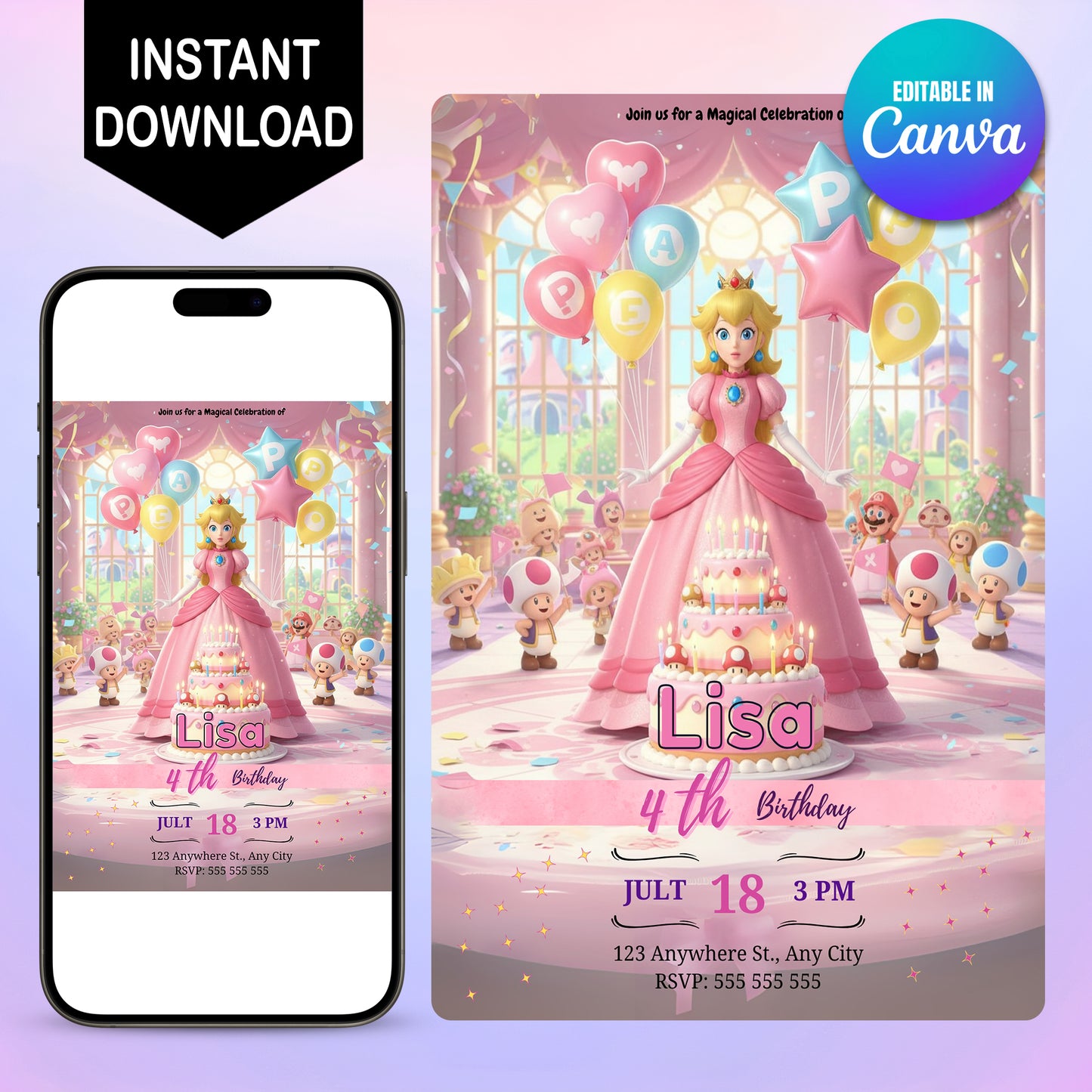Princess Peach Castle Birthday Invitation - CreativeRino