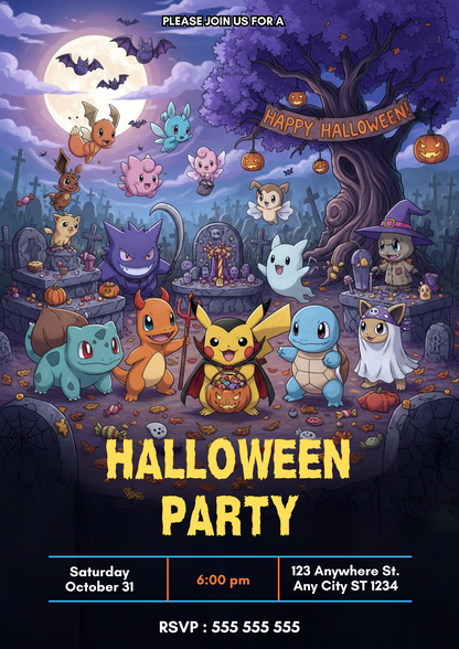 Editable Pokemon and Friends Halloween Party Invitation - CreativeRino