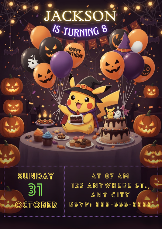 Pokemon Pikachu Halloween Birthday Invitation - CreativeRino