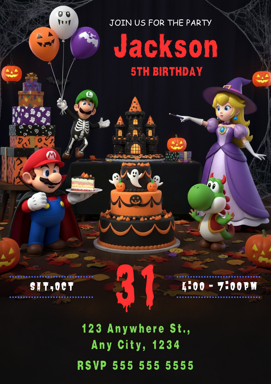 Mario Bros Halloween Birthday Invitation - CreativeRino