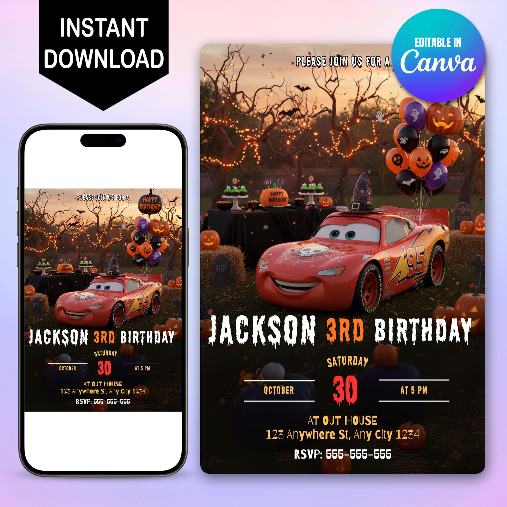 Lightning McQueen Car Halloween Birthday Invitation - CreativeRino