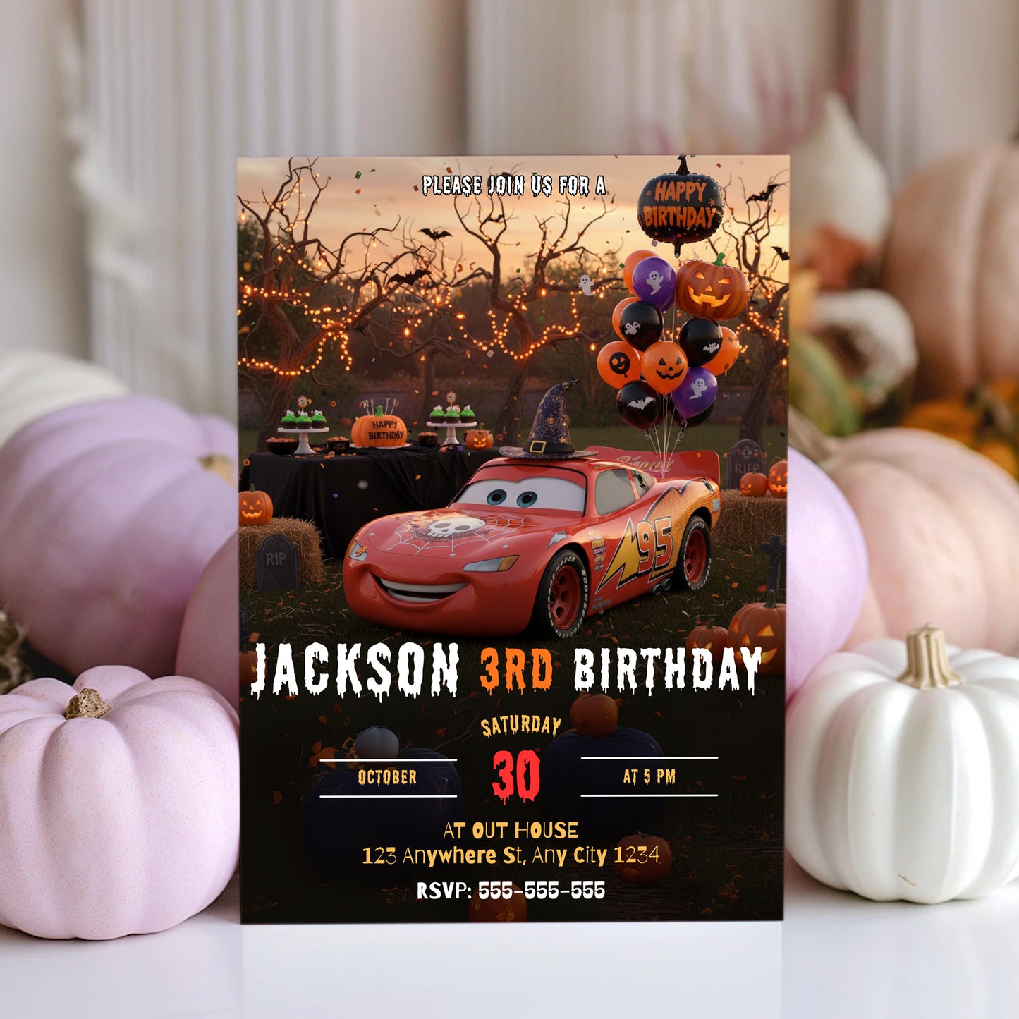 Lightning McQueen Car Halloween Birthday Invitation - CreativeRino