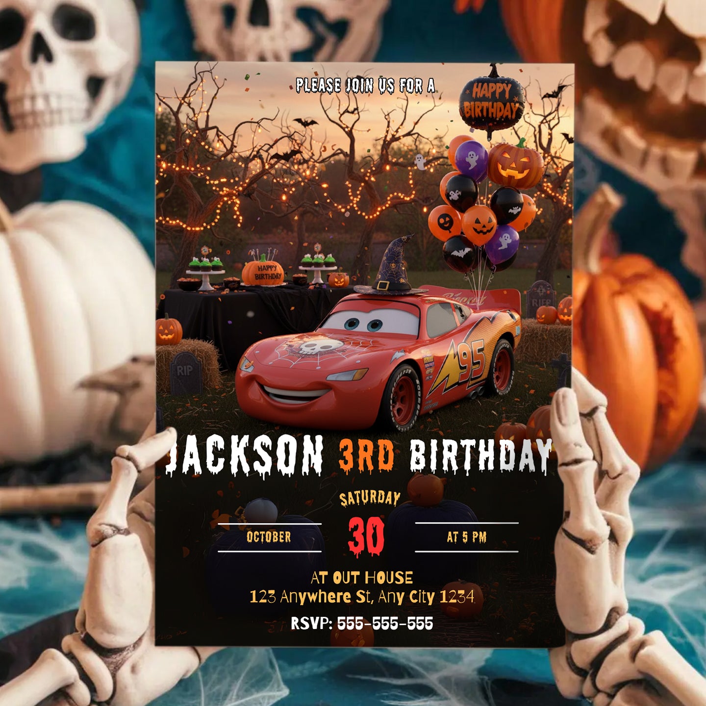 Lightning McQueen Car Halloween Birthday Invitation - CreativeRino