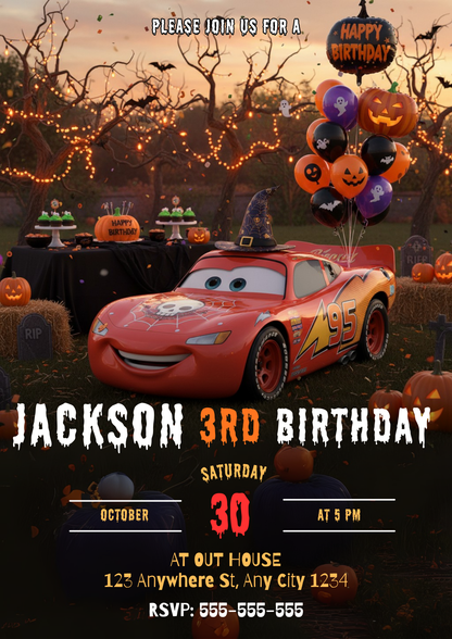 Lightning McQueen Car Halloween Birthday Invitation - CreativeRino