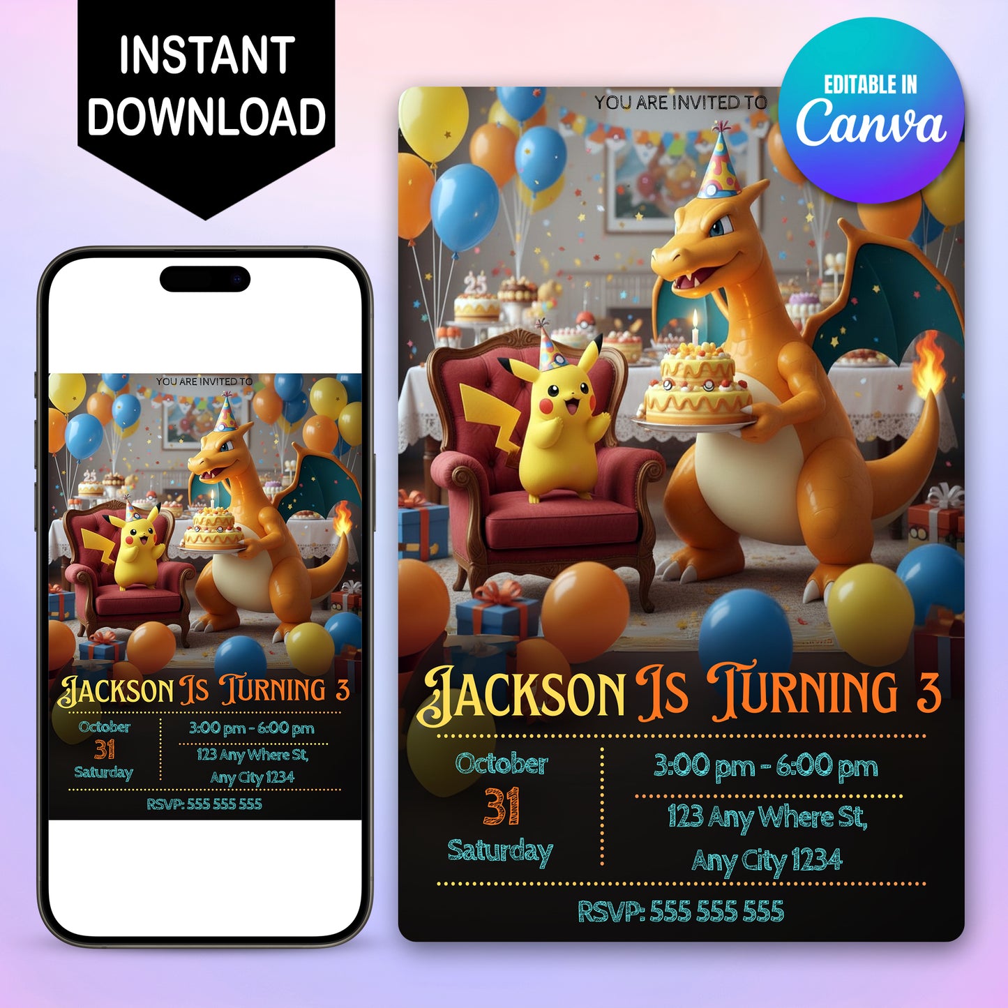 Charizard & Pikachu Birthday Invitation - CreativeRino