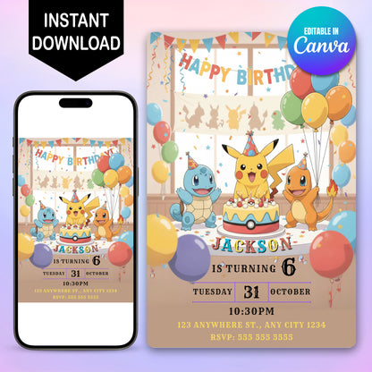 Editable Pikachu Birthday Party Invitation - CreativeRino