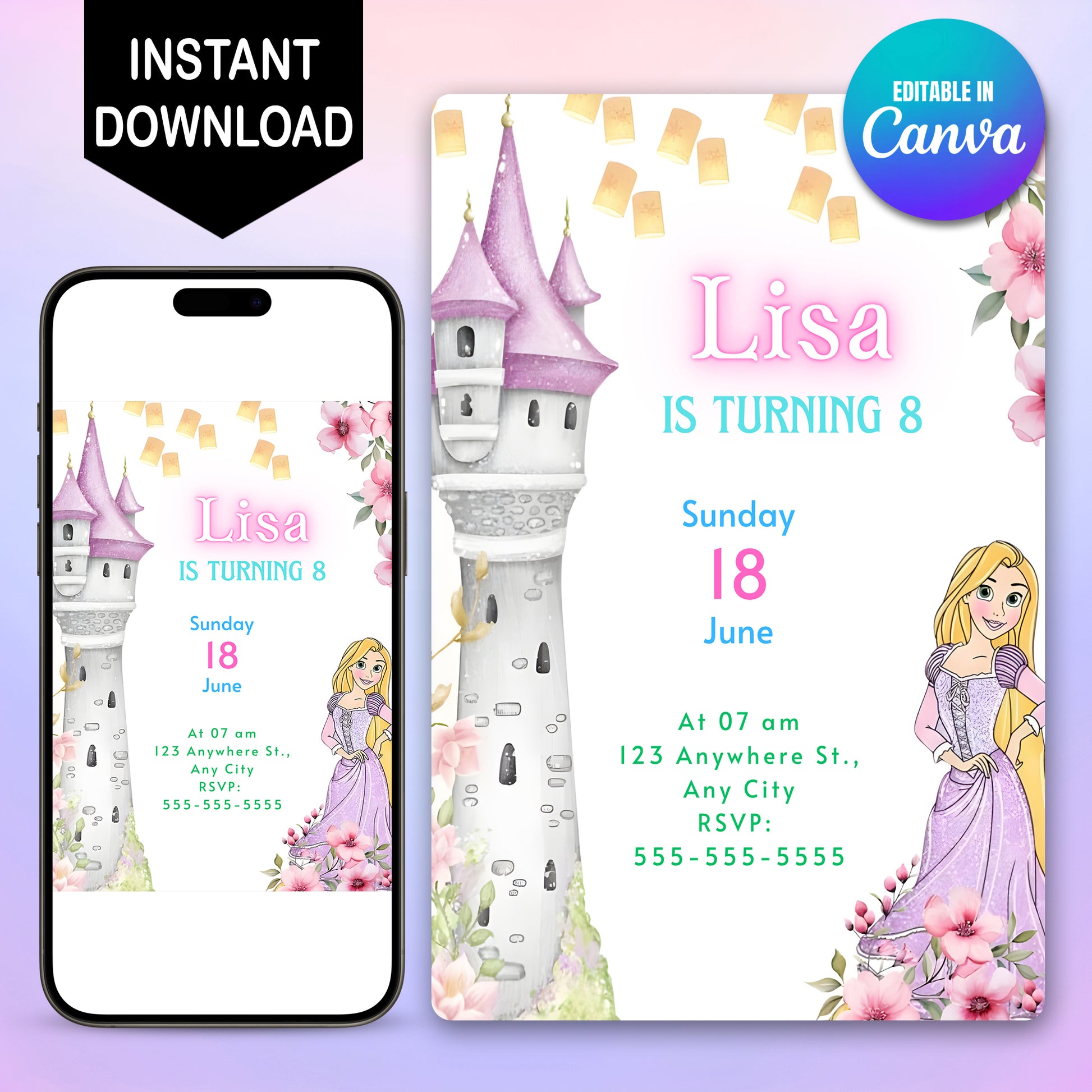 Princess Rapunzel Birthday Invitation Template - CreativeRino