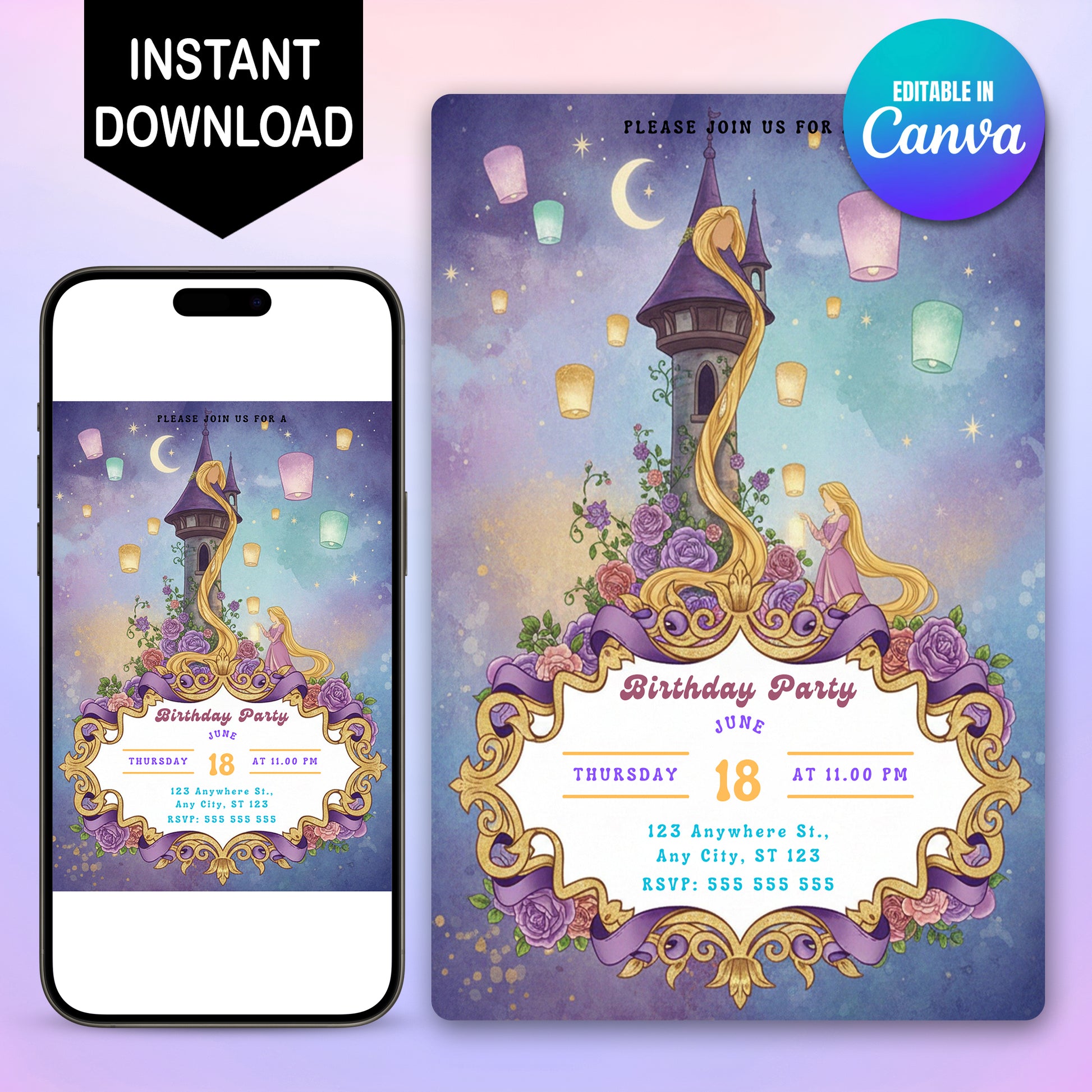 Princess Rapunzel Birthday Party Invitation - CreativeRino