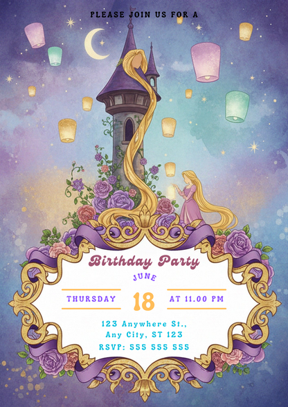 Princess Rapunzel Birthday Party Invitation - CreativeRino