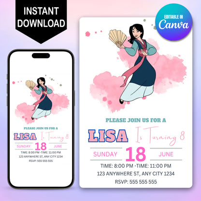 Princess Mulan Birthday Invitation - CreativeRino