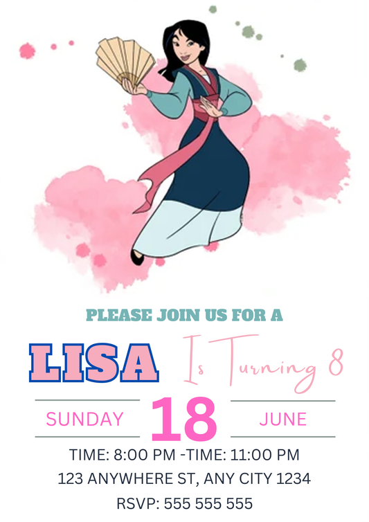 Princess Mulan Birthday Invitation - CreativeRino