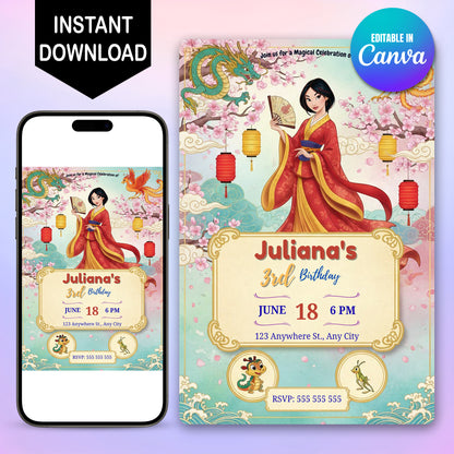 Princess Mulan Birthday Party Invitation - CreativeRino