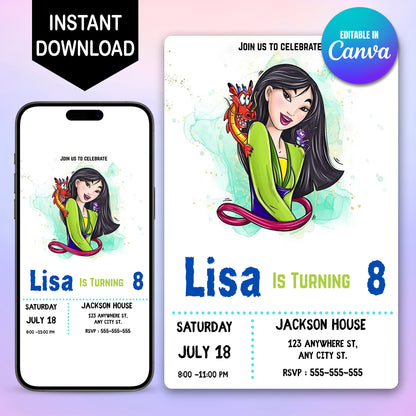 Digital Princess Mulan Birthday Invitation - CreativeRino