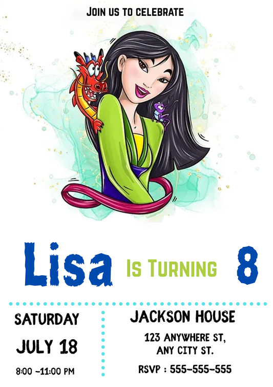 Digital Princess Mulan Birthday Invitation - CreativeRino