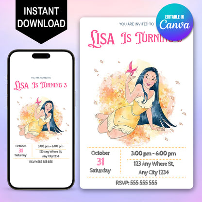 Princess Pocahontas Party Invitation - CreativeRino