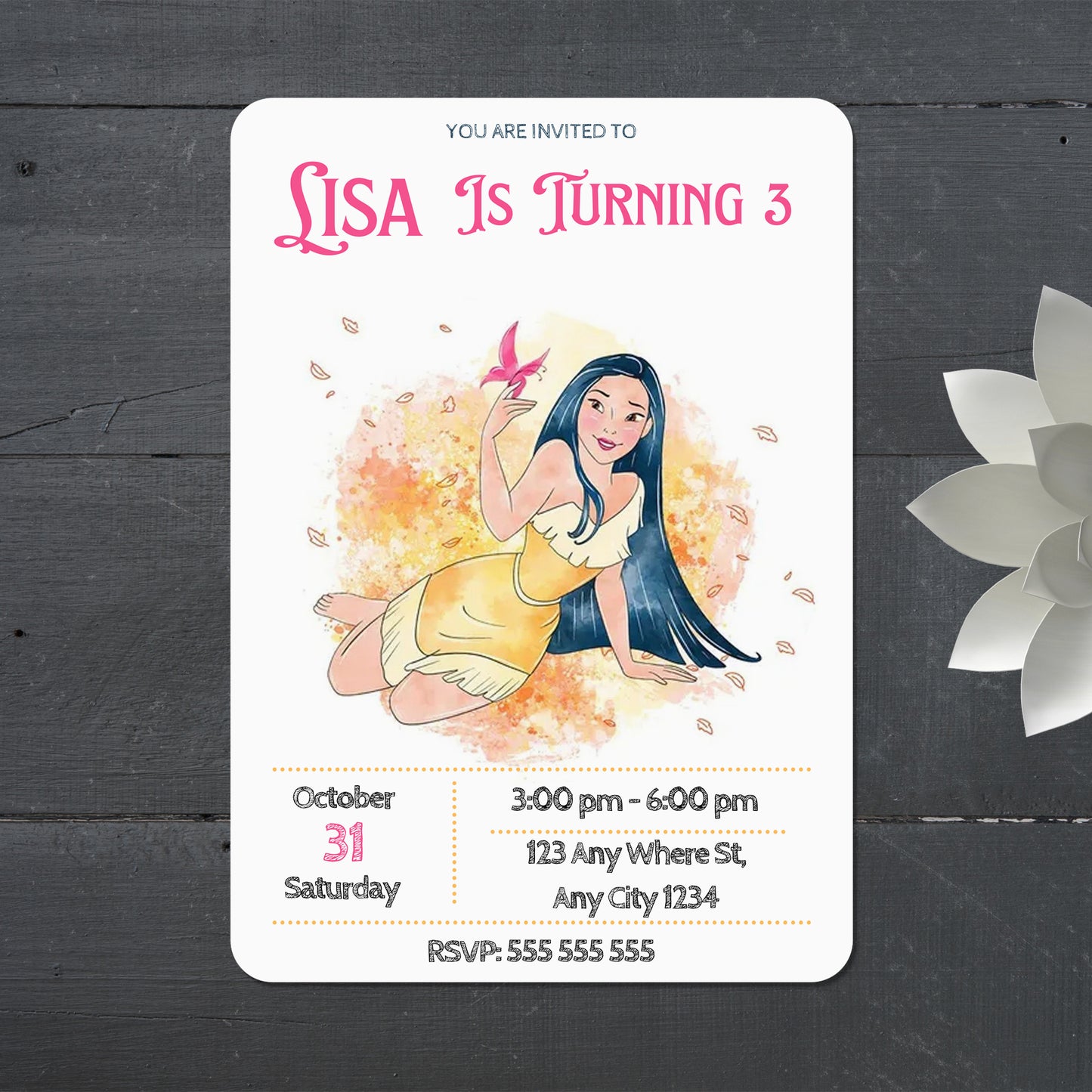 Princess Pocahontas Party Invitation - CreativeRino