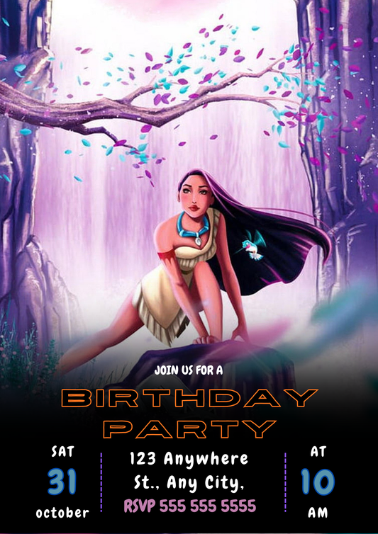 Princess Pocahontas Birthday Party Invite Template - CreativeRino