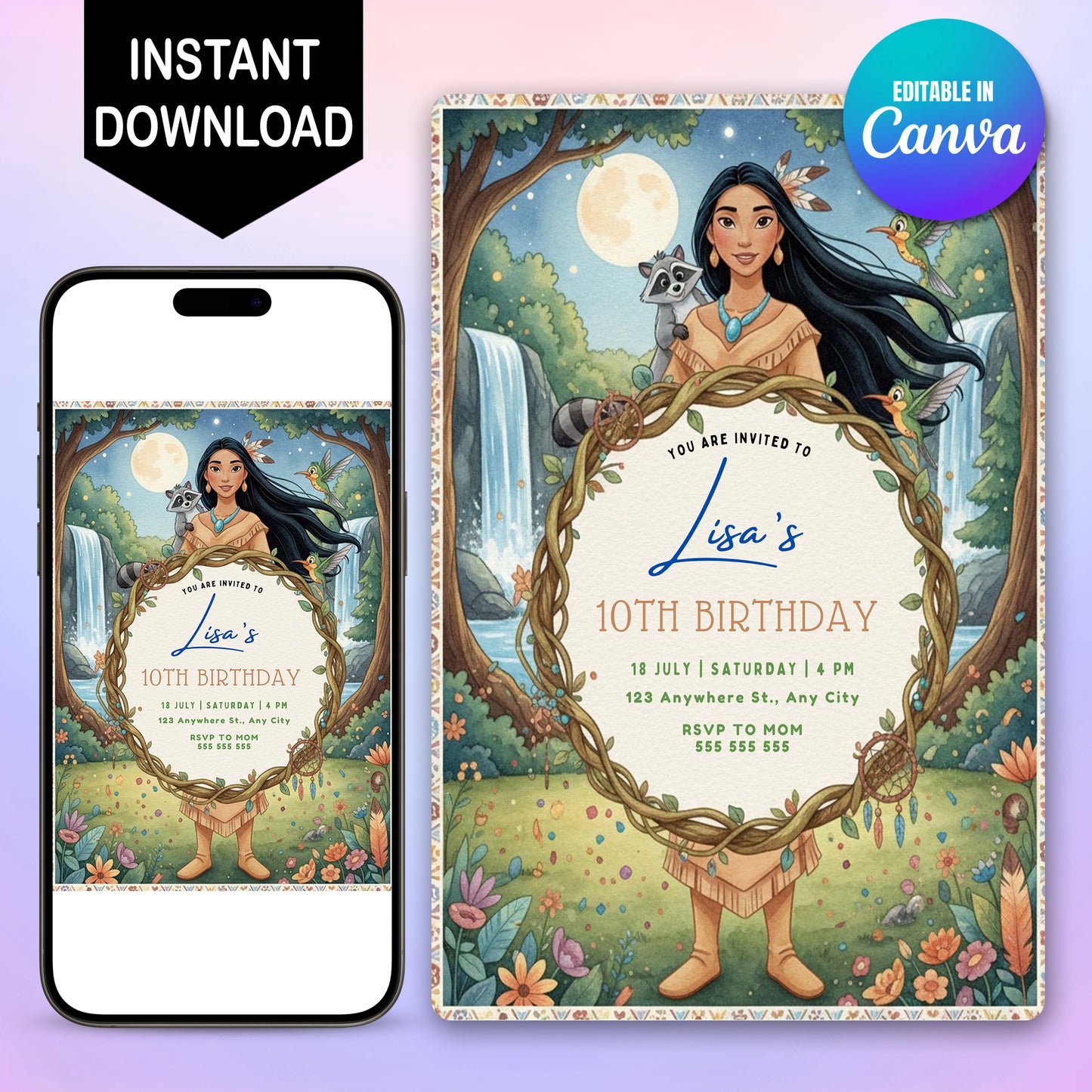 Princess Pocahontas Birthday Invitation - CreativeRino