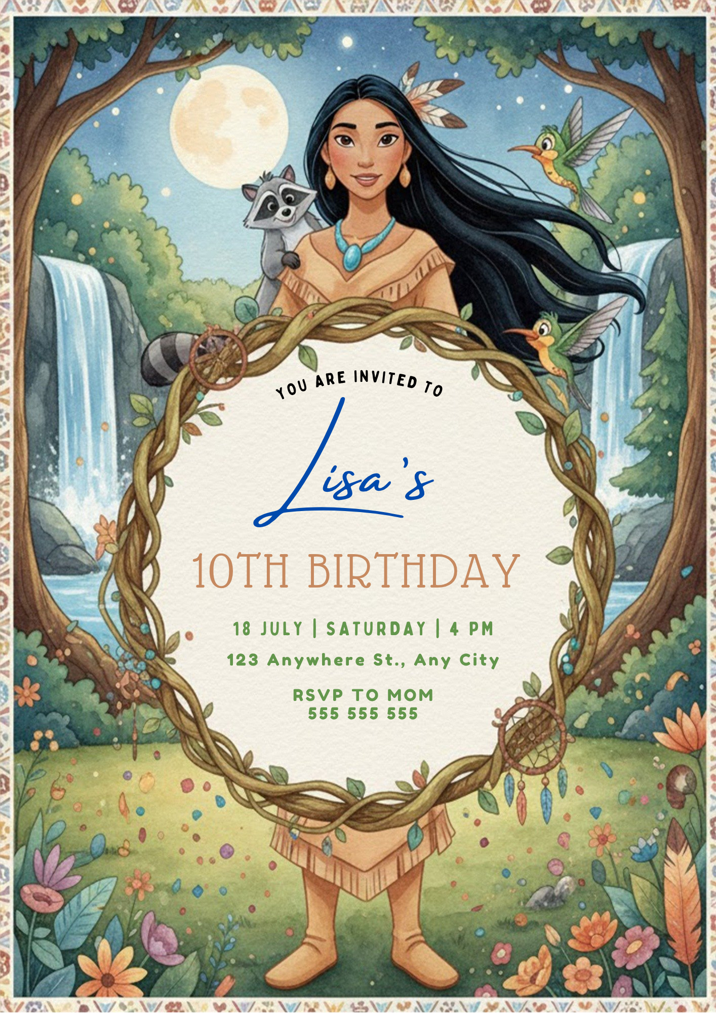 Princess Pocahontas Birthday Invitation - CreativeRino
