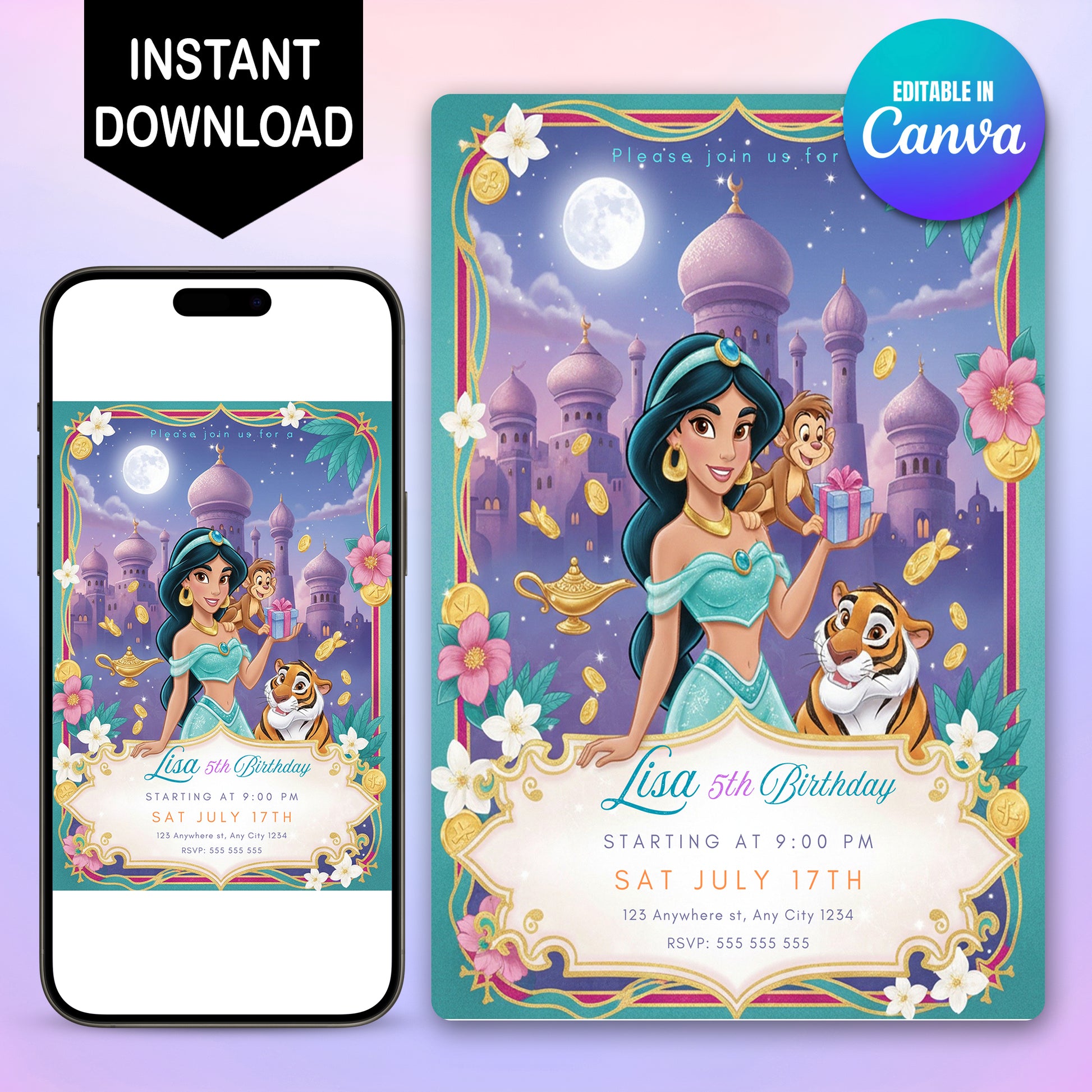 Princess Jasmine Birthday Party Invitation - CreativeRino