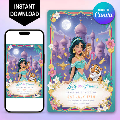 Princess Jasmine Birthday Party Invitation - CreativeRino